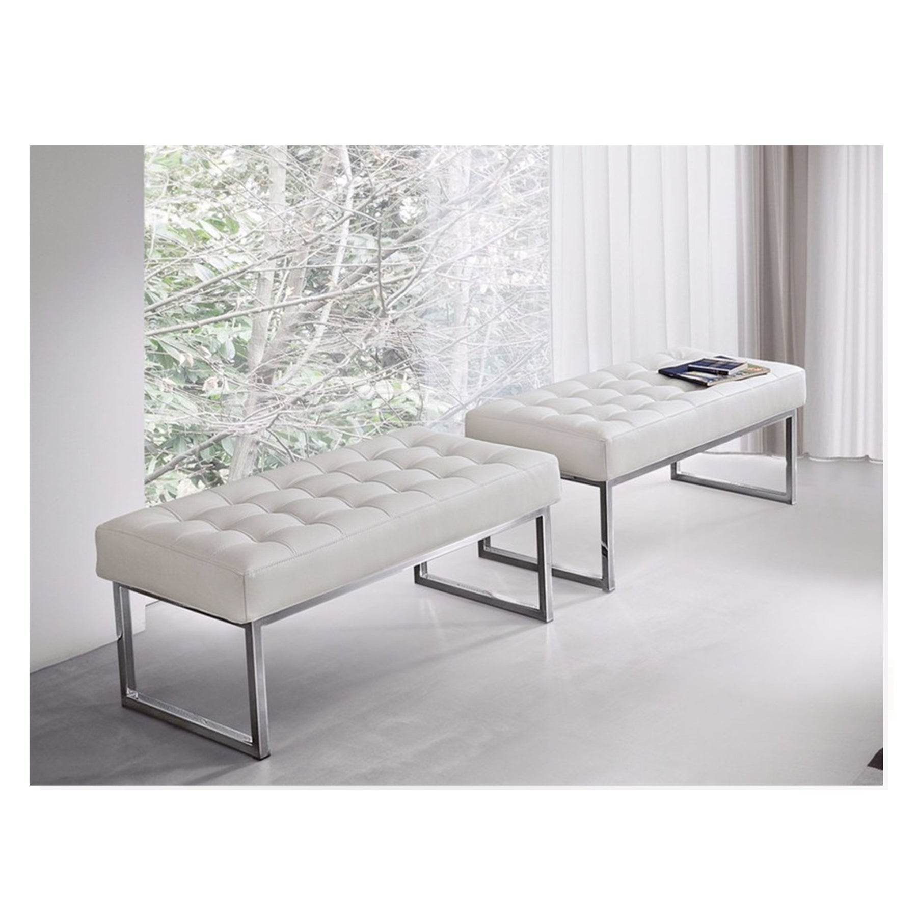 White leather bench shop with chrome legs